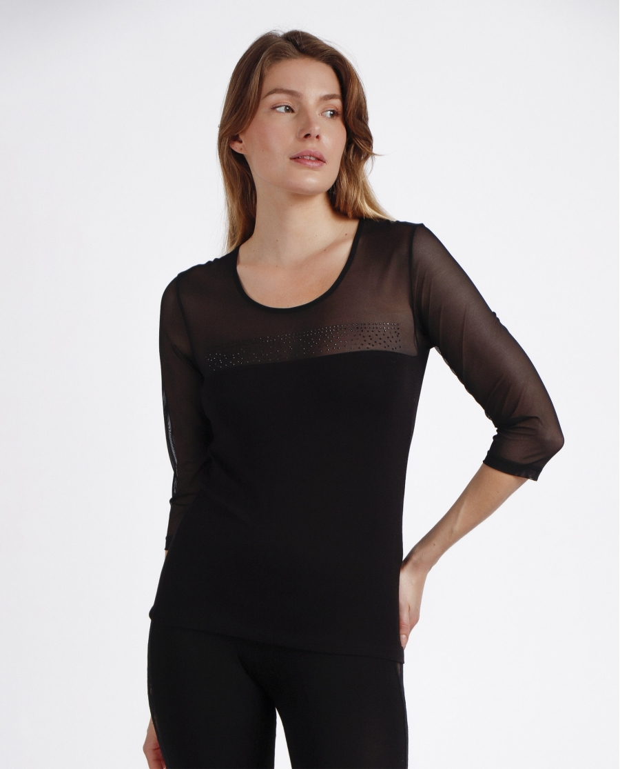 ADMAS Camiseta Manga Francesa Tul y Piedras para Mujer NEGRO ADMAS Camiseta Manga Francesa Tul y Piedras para Mujer NEGRO