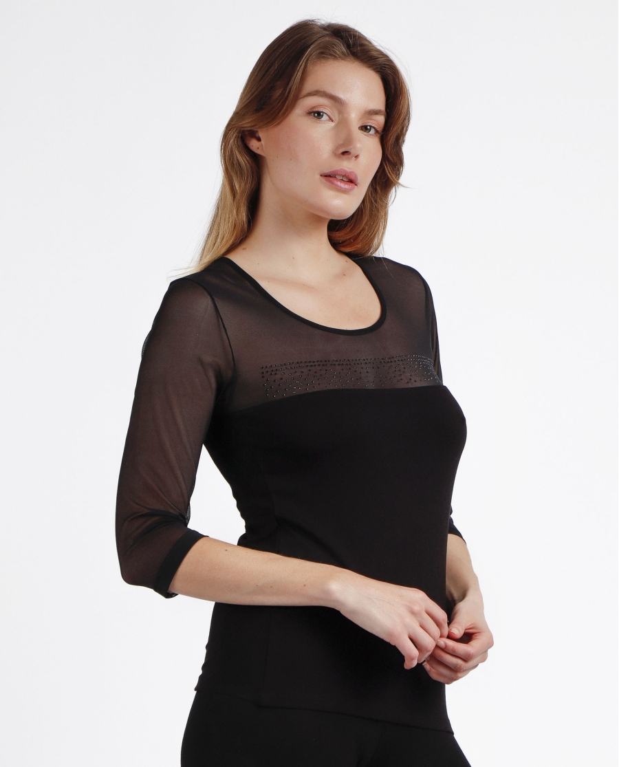 ADMAS Camiseta Manga Francesa Tul y Piedras para Mujer NEGRO ADMAS Camiseta Manga Francesa Tul y Piedras para Mujer NEGRO