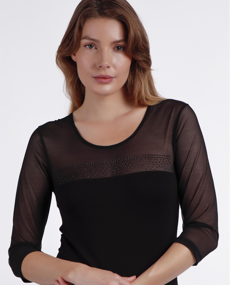 ADMAS Camiseta Manga Francesa Tul y Piedras para Mujer NEGRO ADMAS Camiseta Manga Francesa Tul y Piedras para Mujer NEGRO