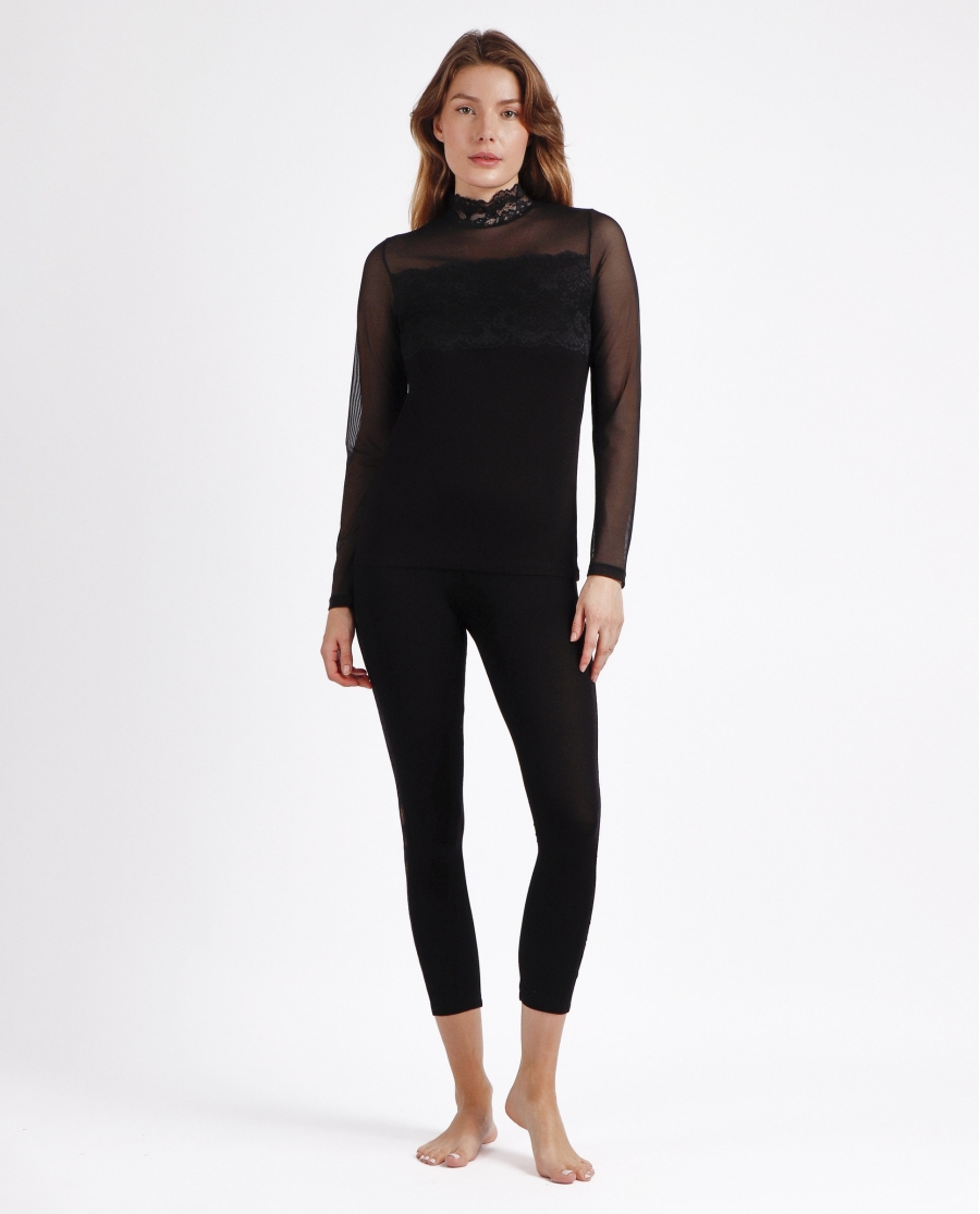 ADMAS Camiseta Manga Larga Tul y Puntilla para Mujer NEGRO ADMAS Camiseta Manga Larga Tul y Puntilla para Mujer NEGRO