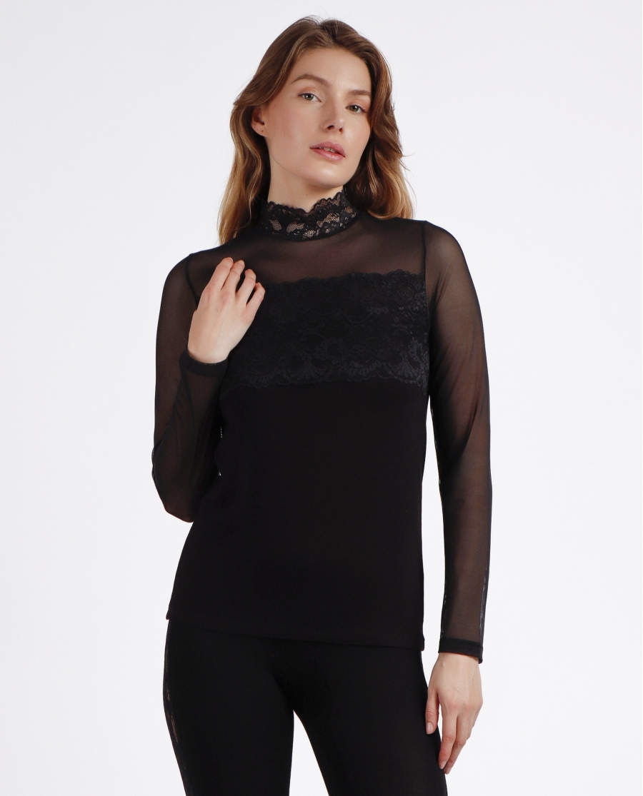 ADMAS Camiseta Manga Larga Tul y Puntilla para Mujer NEGRO ADMAS Camiseta Manga Larga Tul y Puntilla para Mujer NEGRO