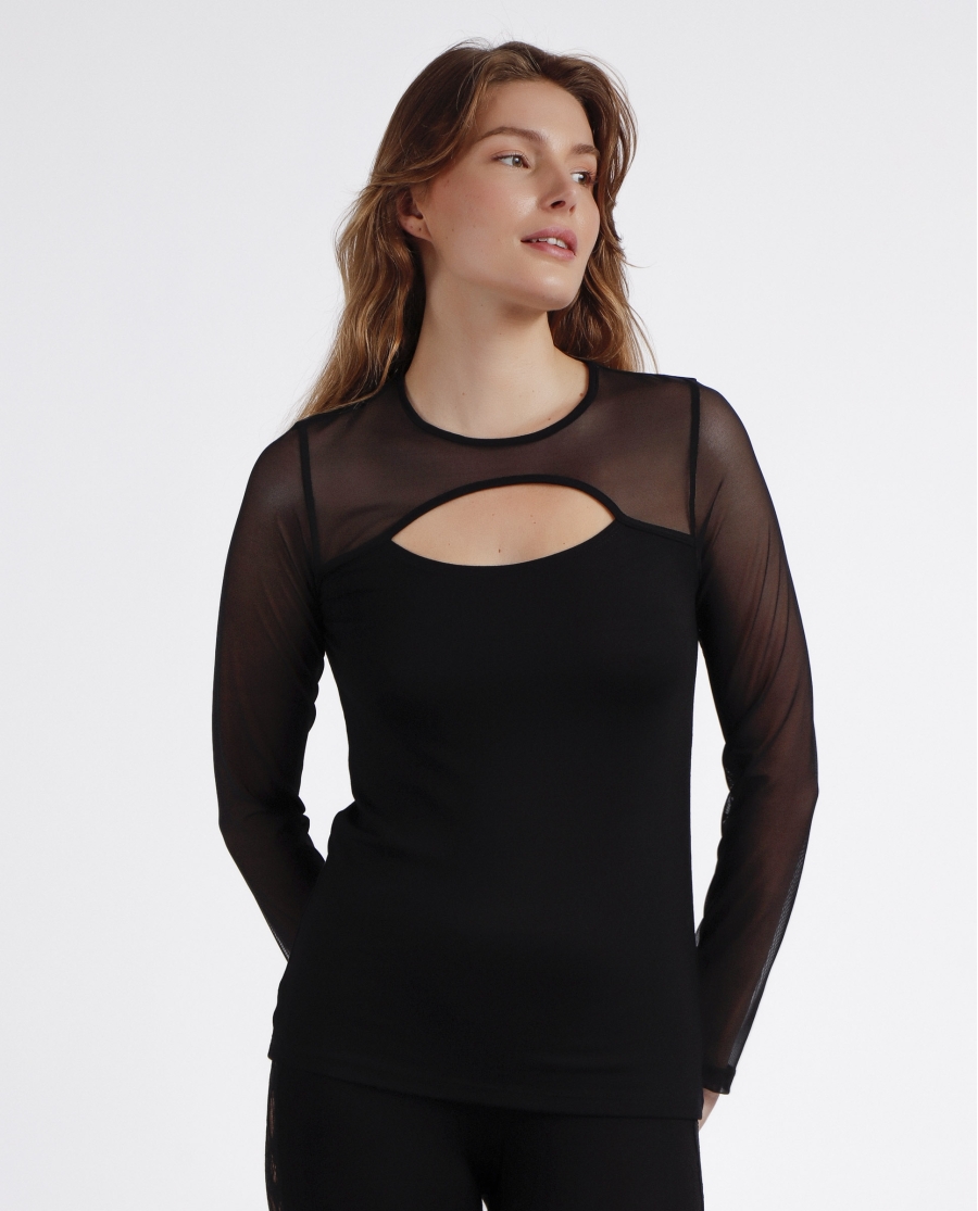ADMAS Camiseta Manga Larga Tul Abertura para Mujer NEGRO