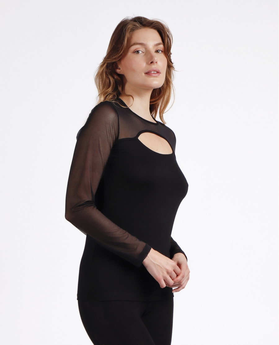 ADMAS Camiseta Manga Larga Tul Abertura para Mujer NEGRO