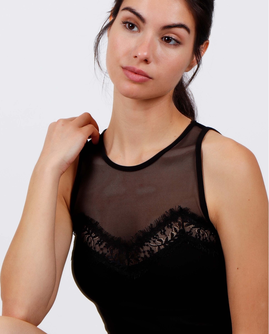 ADMAS Camiseta Blonda Sin Mangas Escote Tul para Mujer NEGRO ADMAS Camiseta Blonda Sin Mangas Escote Tul para Mujer NEGRO