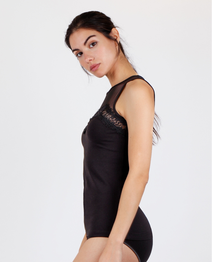 ADMAS Camiseta Blonda Sin Mangas Escote Tul para Mujer NEGRO ADMAS Camiseta Blonda Sin Mangas Escote Tul para Mujer NEGRO