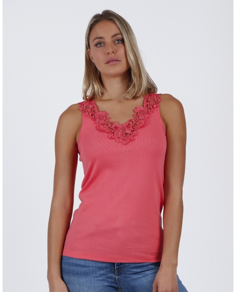 ADMAS Camiseta Sin Mangas Escote Guipur para Mujer CORAL
