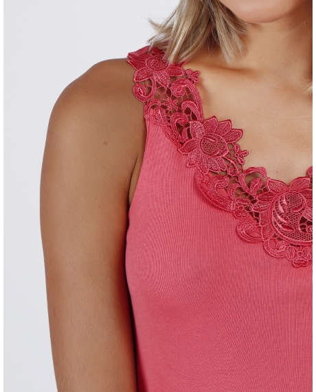 ADMAS Camiseta Sin Mangas Escote Guipur para Mujer CORAL 2