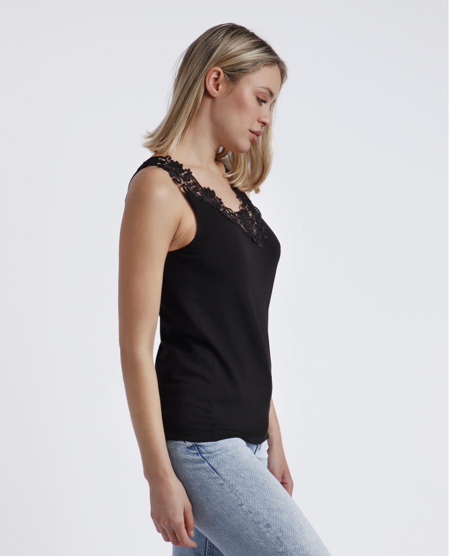 ADMAS Camiseta Sin Mangas Escote Guipur para Mujer NEGRO ADMAS Camiseta Sin Mangas Escote Guipur para Mujer NEGRO