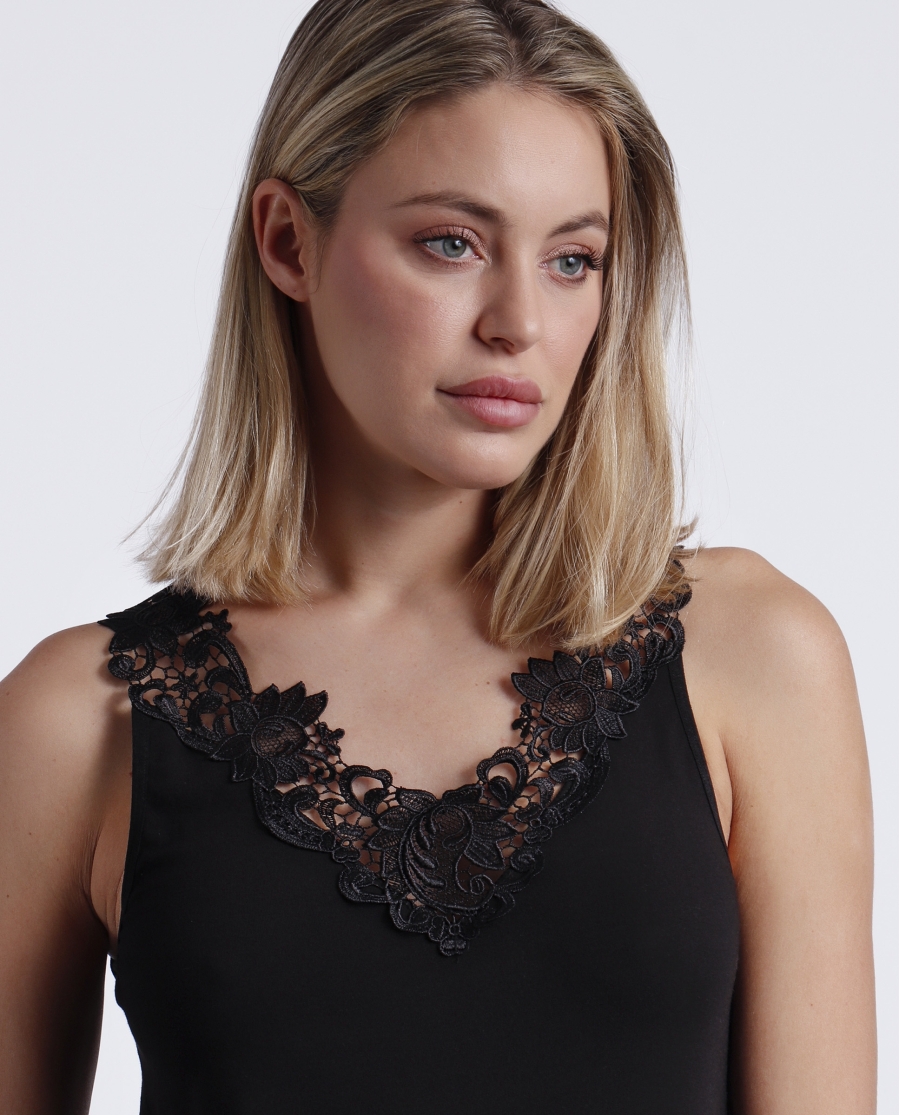 ADMAS Camiseta Sin Mangas Escote Guipur para Mujer NEGRO ADMAS Camiseta Sin Mangas Escote Guipur para Mujer NEGRO
