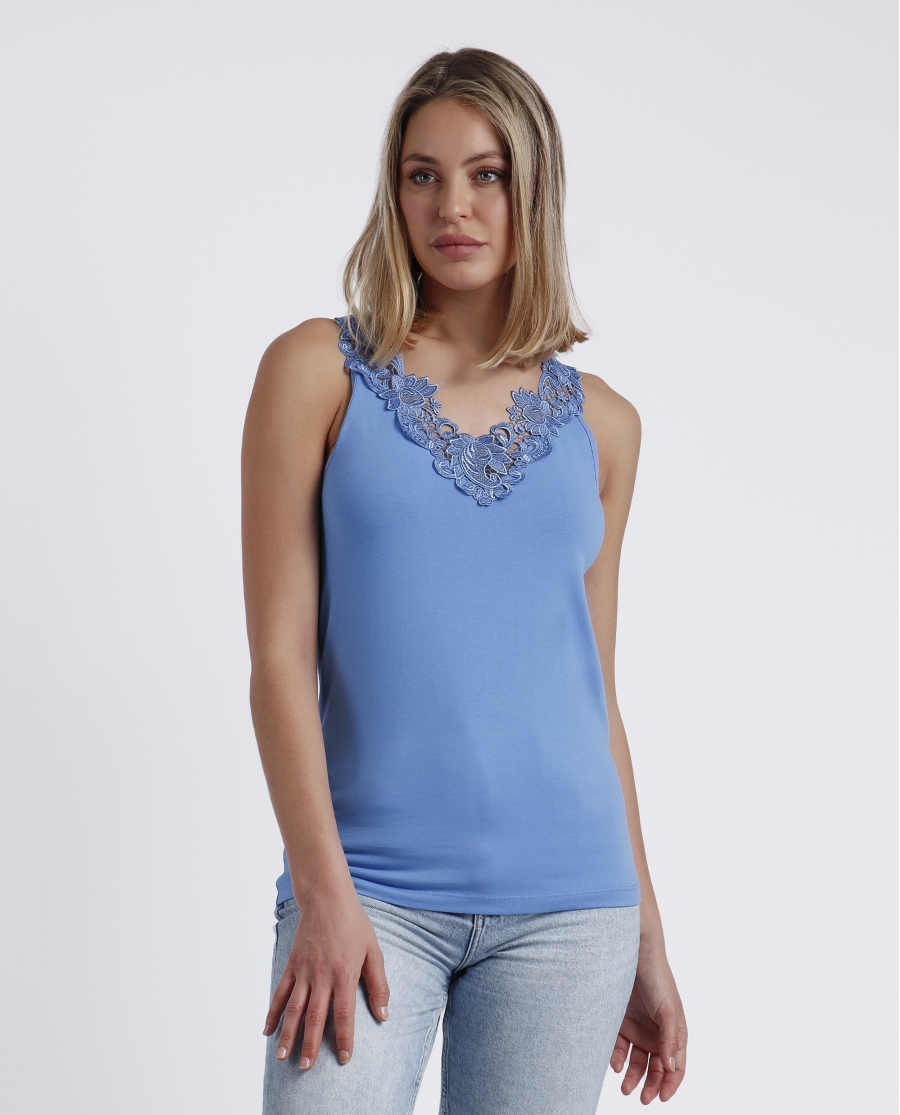 ADMAS Camiseta Sin Mangas Escote Guipur para Mujer AZULON ADMAS Camiseta Sin Mangas Escote Guipur para Mujer AZULON