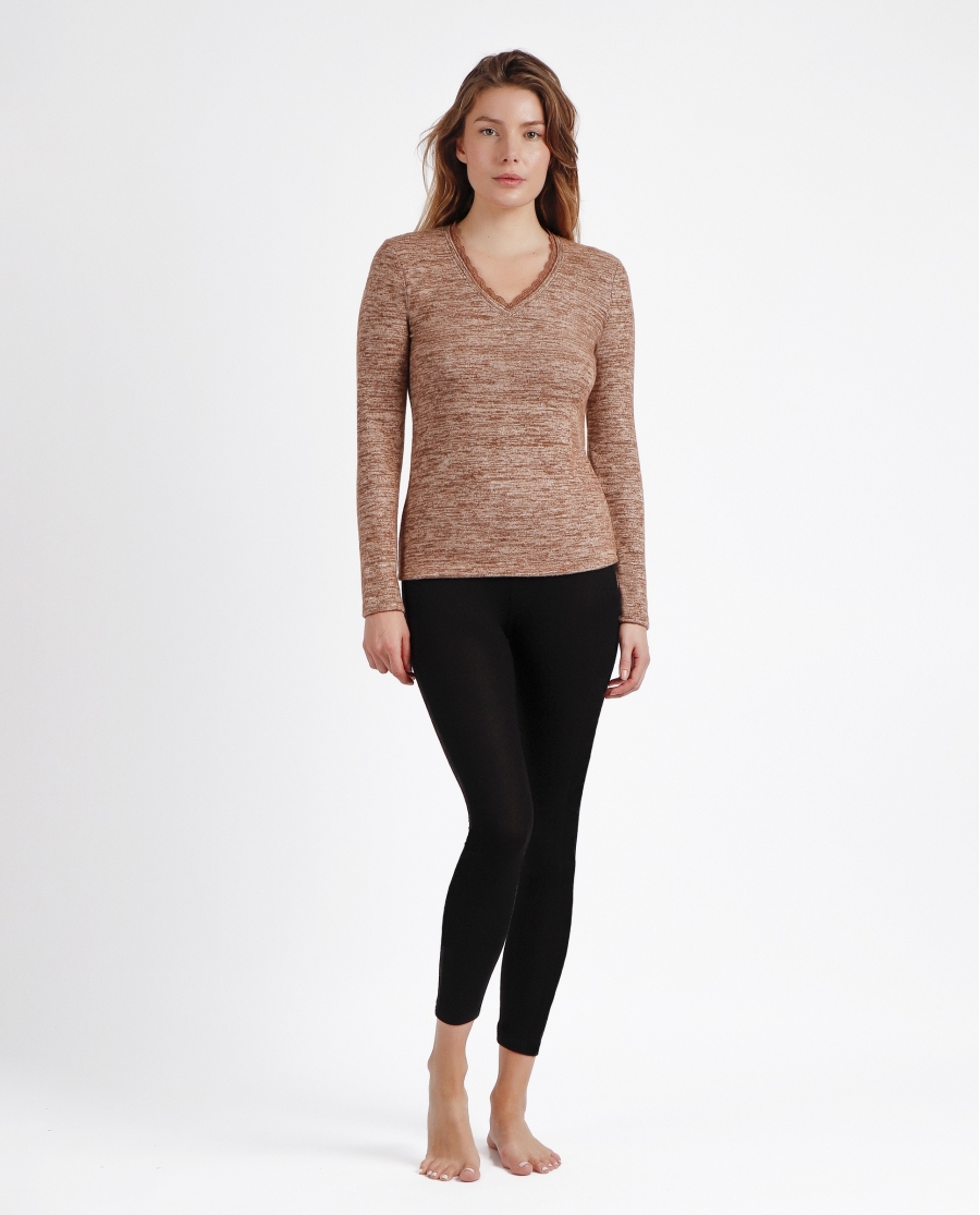 ADMAS Camiseta Manga Larga Calentita Puntilla para Mujer BEIGE