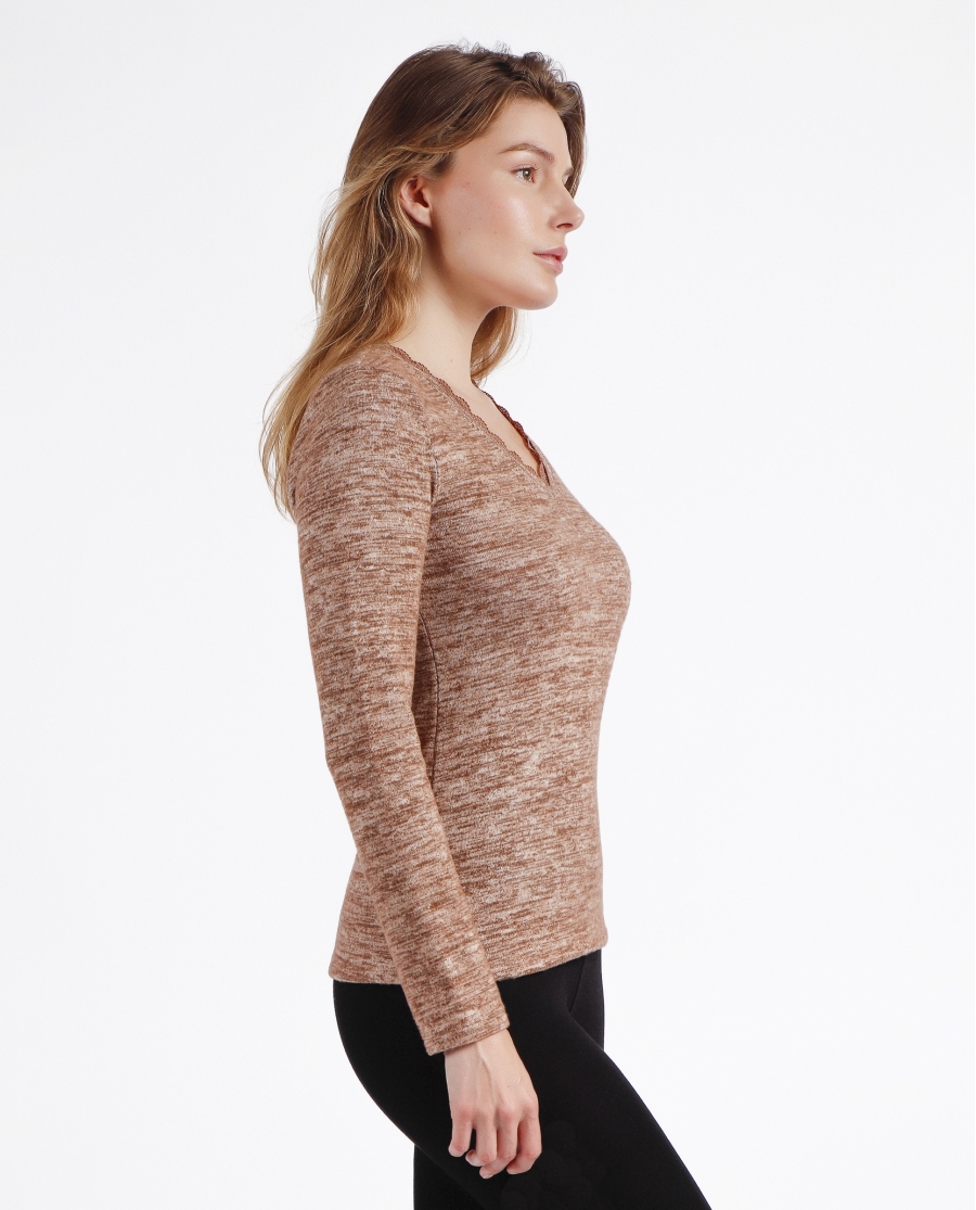 ADMAS Camiseta Manga Larga Calentita Puntilla para Mujer BEIGE