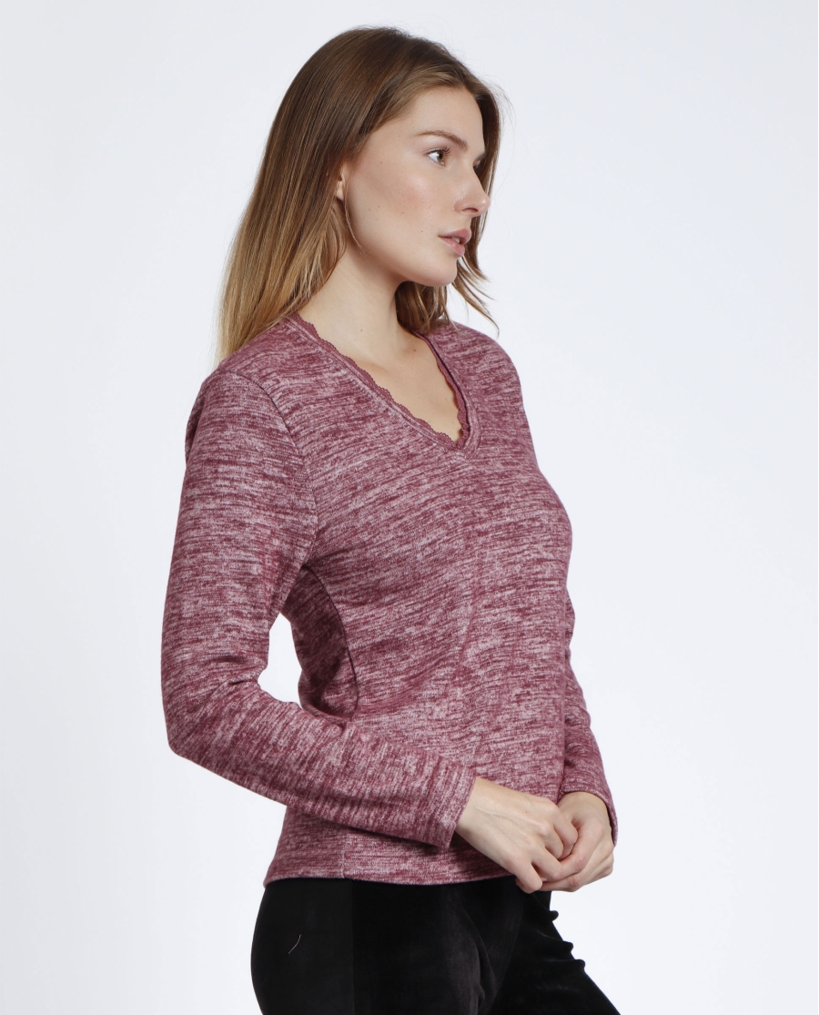 ADMAS Camiseta Manga Larga Calentita Puntilla para Mujer BURDEOS