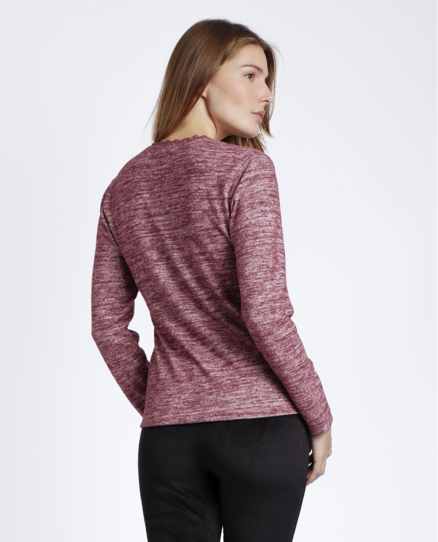 ADMAS Camiseta Manga Larga Calentita Puntilla para Mujer BURDEOS