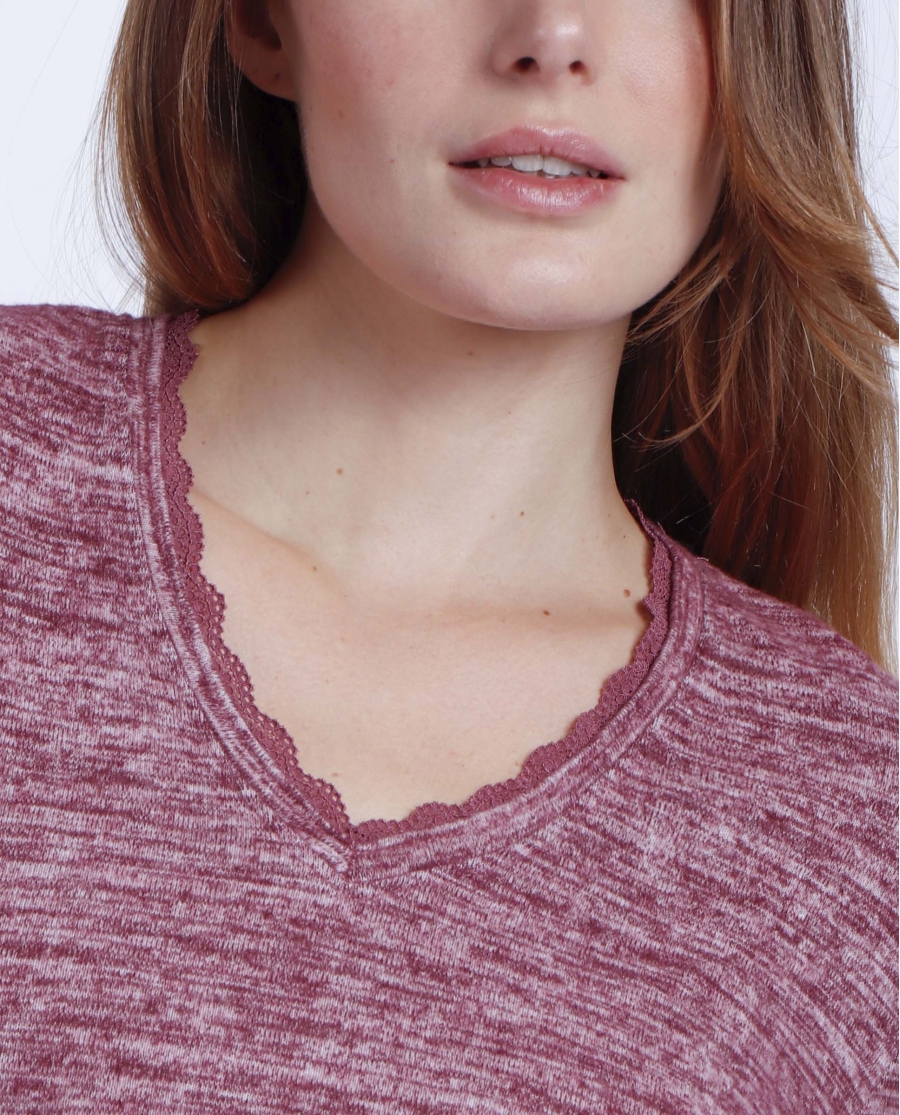 ADMAS Camiseta Manga Larga Calentita Puntilla para Mujer BURDEOS