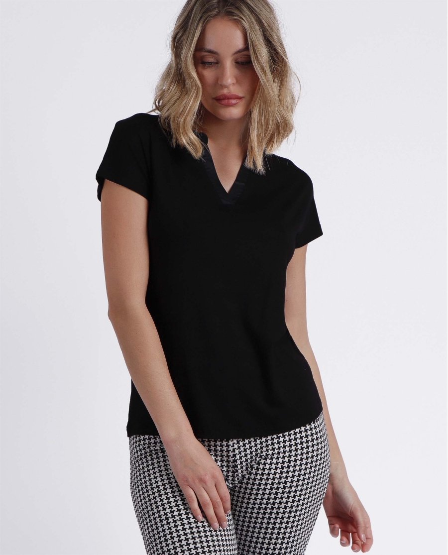 ADMAS Camiseta Manga Corta Tapeta Raso para Mujer NEGRO