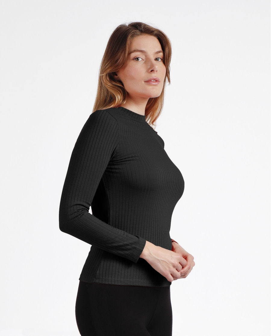 ADMAS Camiseta Manga Larga Calentita Rib Perkins para Mujer NEGRO