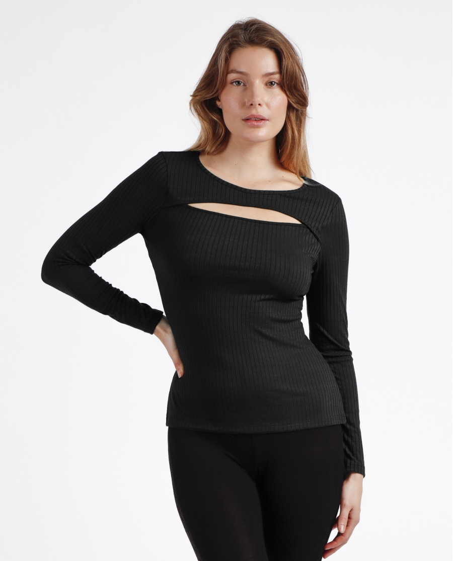 ADMAS Camiseta Manga Larga Calentita Rib Apertura para Mujer NEGRO