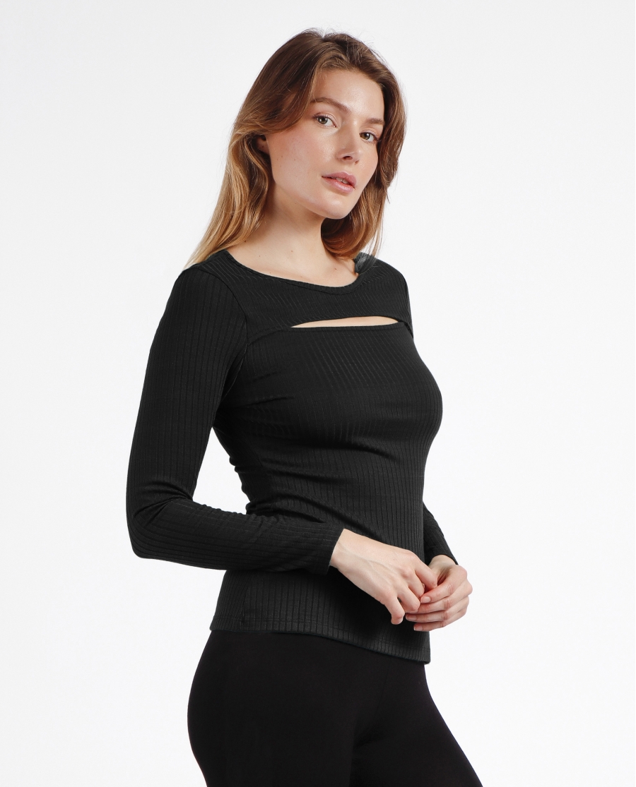 ADMAS Camiseta Manga Larga Calentita Rib Apertura para Mujer NEGRO