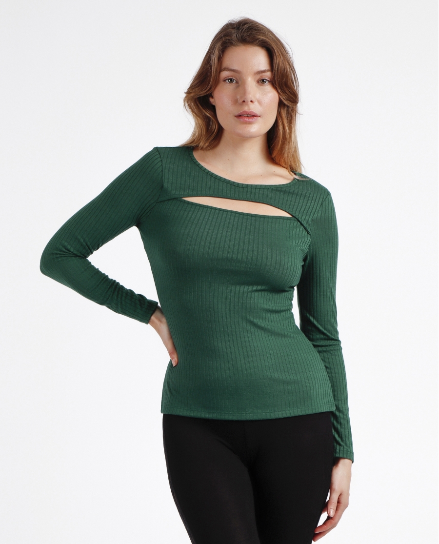 ADMAS Camiseta Manga Larga Calentita Rib Apertura para Mujer VERDE