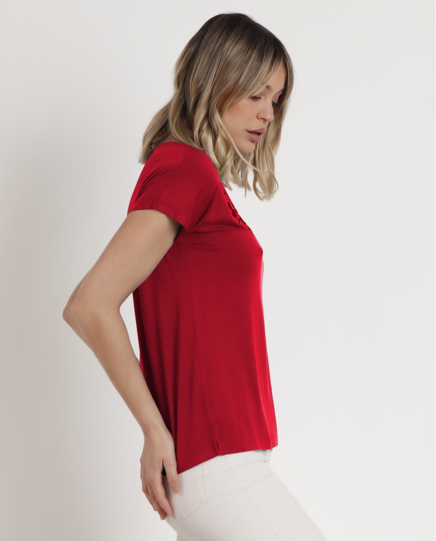 ADMAS Camiseta de Manga Corta Bordado para Mujer ROJO ADMAS Camiseta de Manga Corta Bordado para Mujer ROJO