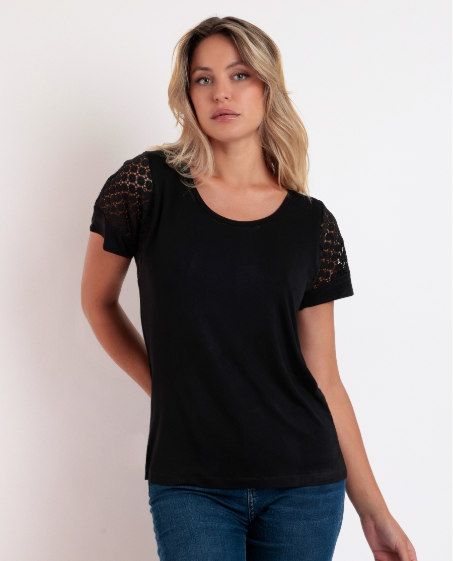 ADMAS Camiseta de Manga Corta Lace para Mujer NEGRO ADMAS Camiseta de Manga Corta Lace para Mujer NEGRO