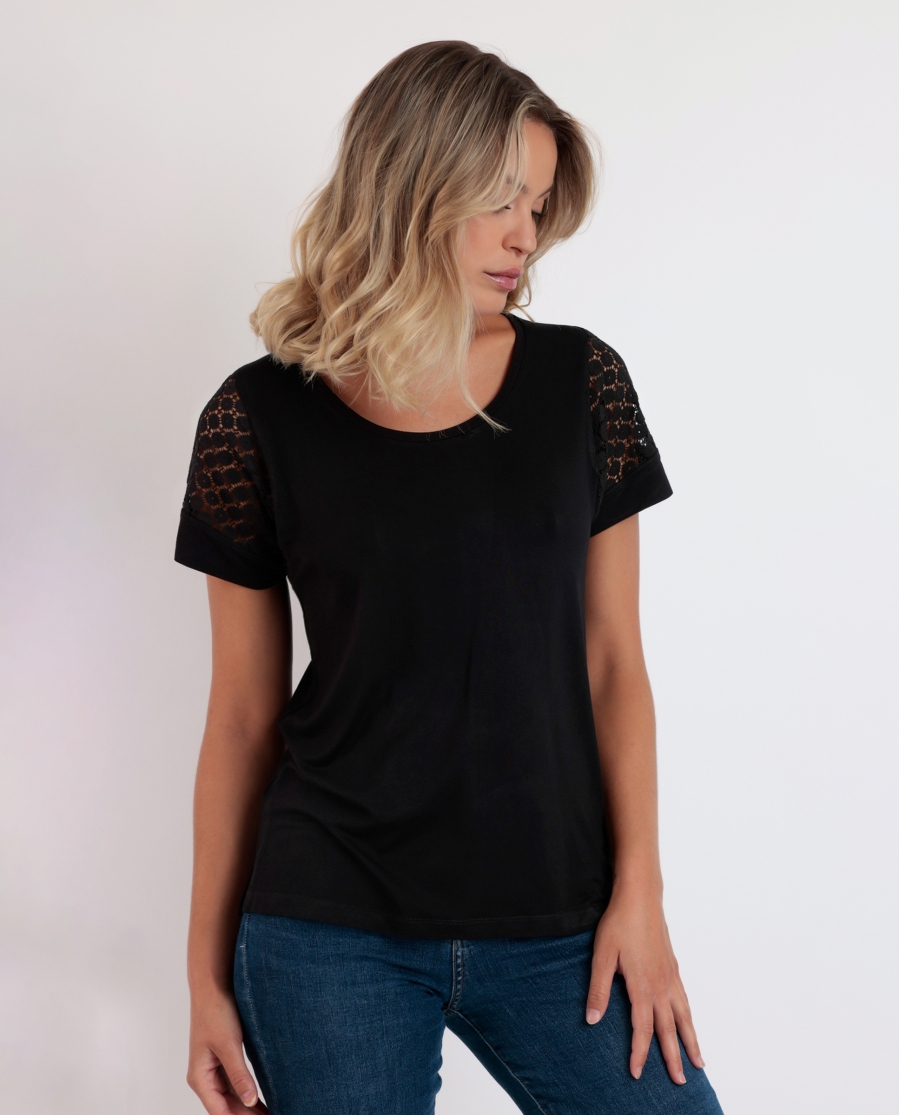 ADMAS Camiseta de Manga Corta Lace para Mujer NEGRO ADMAS Camiseta de Manga Corta Lace para Mujer NEGRO