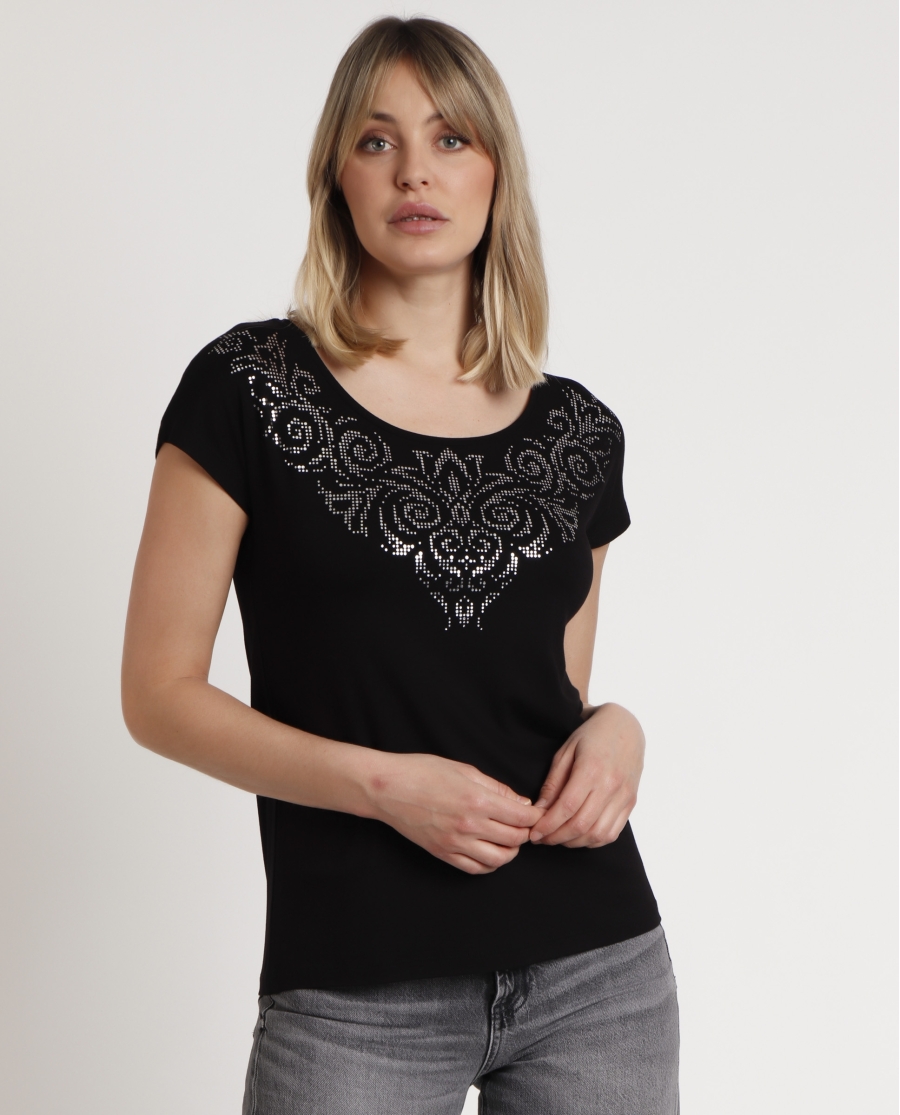 ADMAS Camiseta Manga Corta Cenefa Brillante para Mujer NEGRO ADMAS Camiseta Manga Corta Cenefa Brillante para Mujer NEGRO