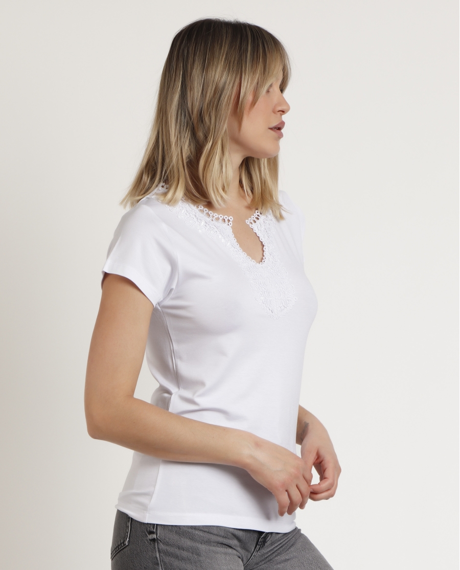 ADMAS Camiseta Manga Corta Guipur para Mujer BLANCO ADMAS Camiseta Manga Corta Guipur para Mujer BLANCO