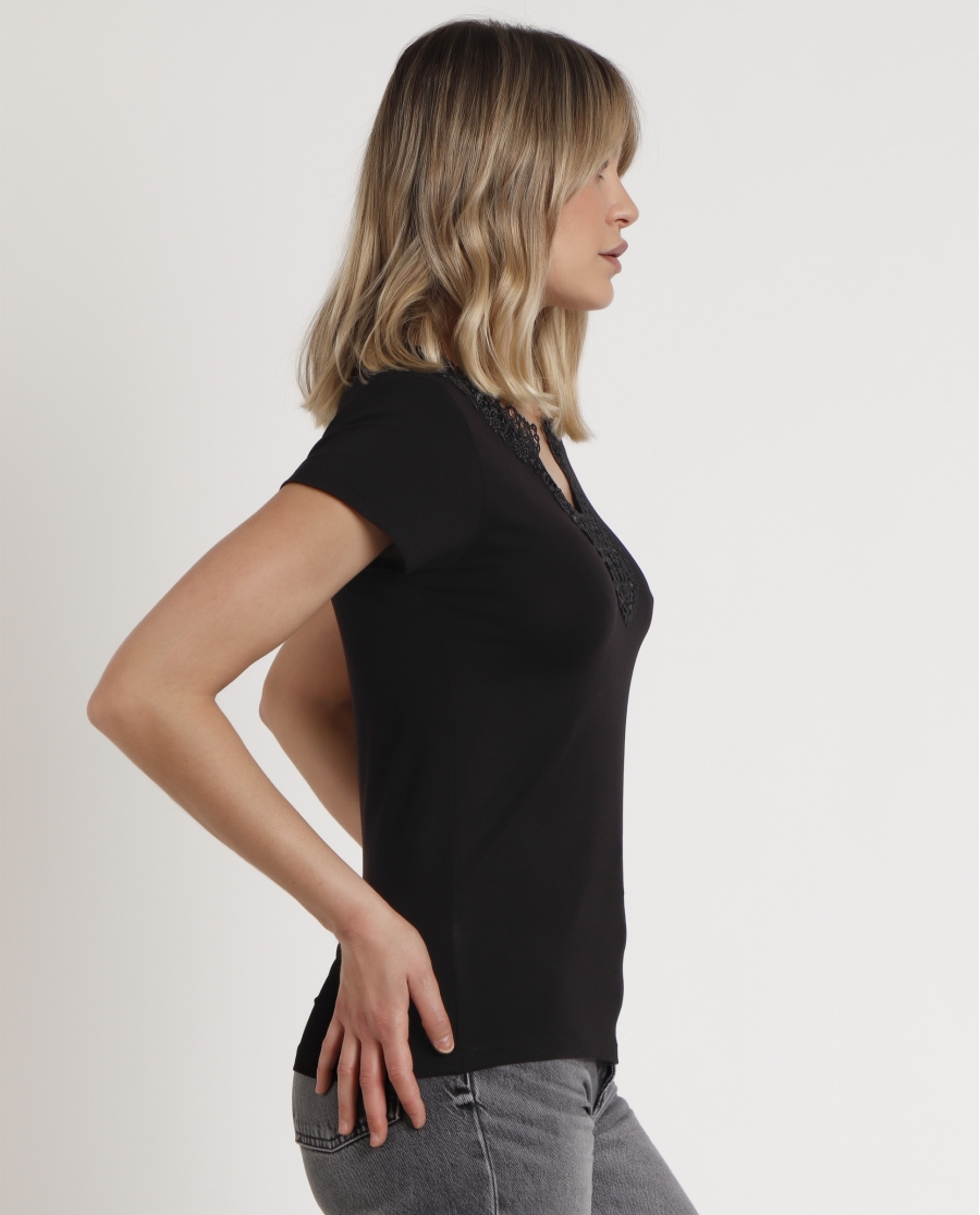 ADMAS Camiseta Manga Corta Guipur para Mujer NEGRO