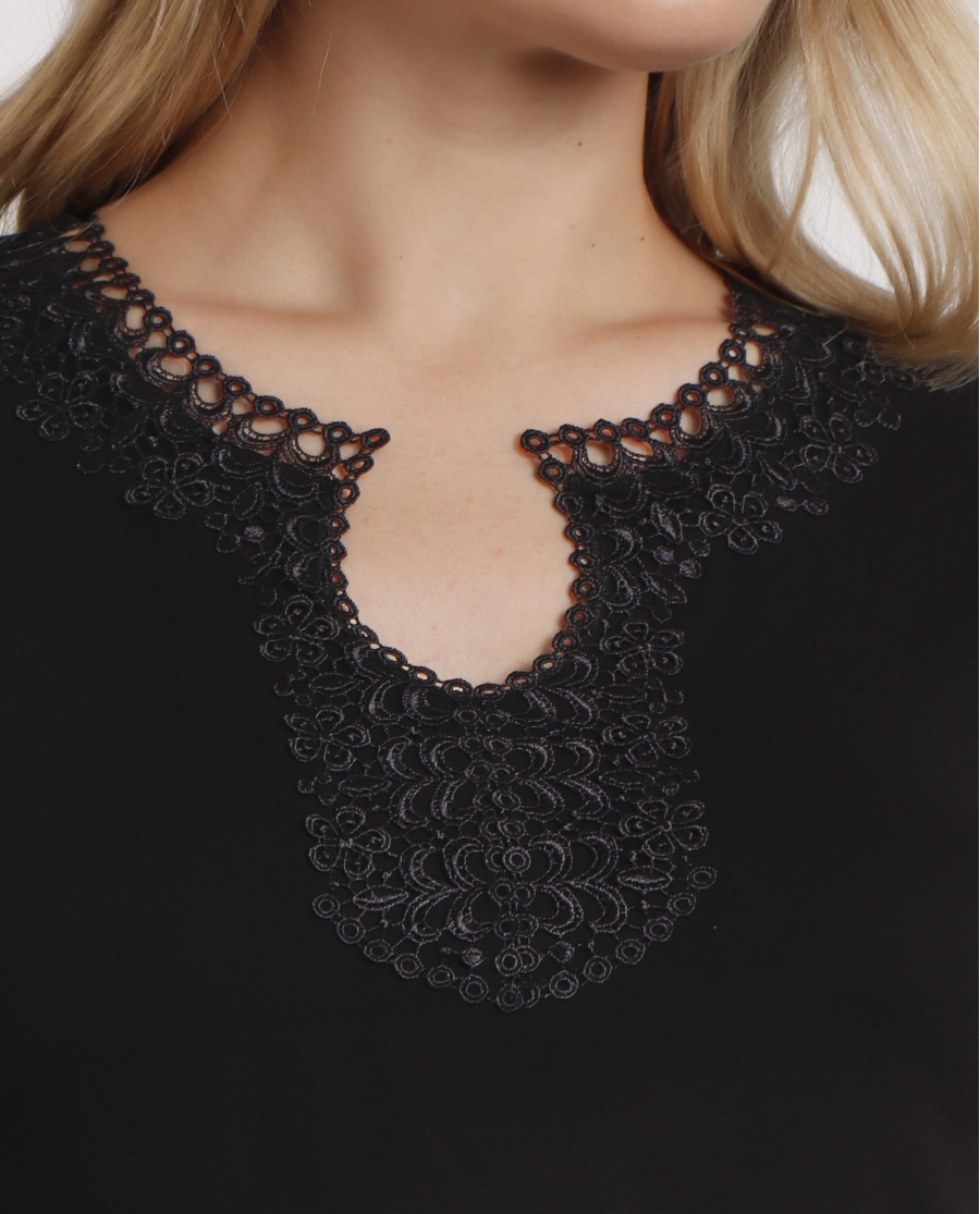 ADMAS Camiseta Manga Corta Guipur para Mujer NEGRO