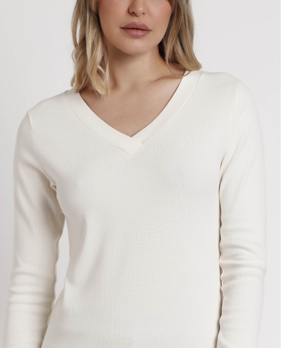 ADMAS Camiseta Manga Larga Cuello Pico para Mujer CRUDO