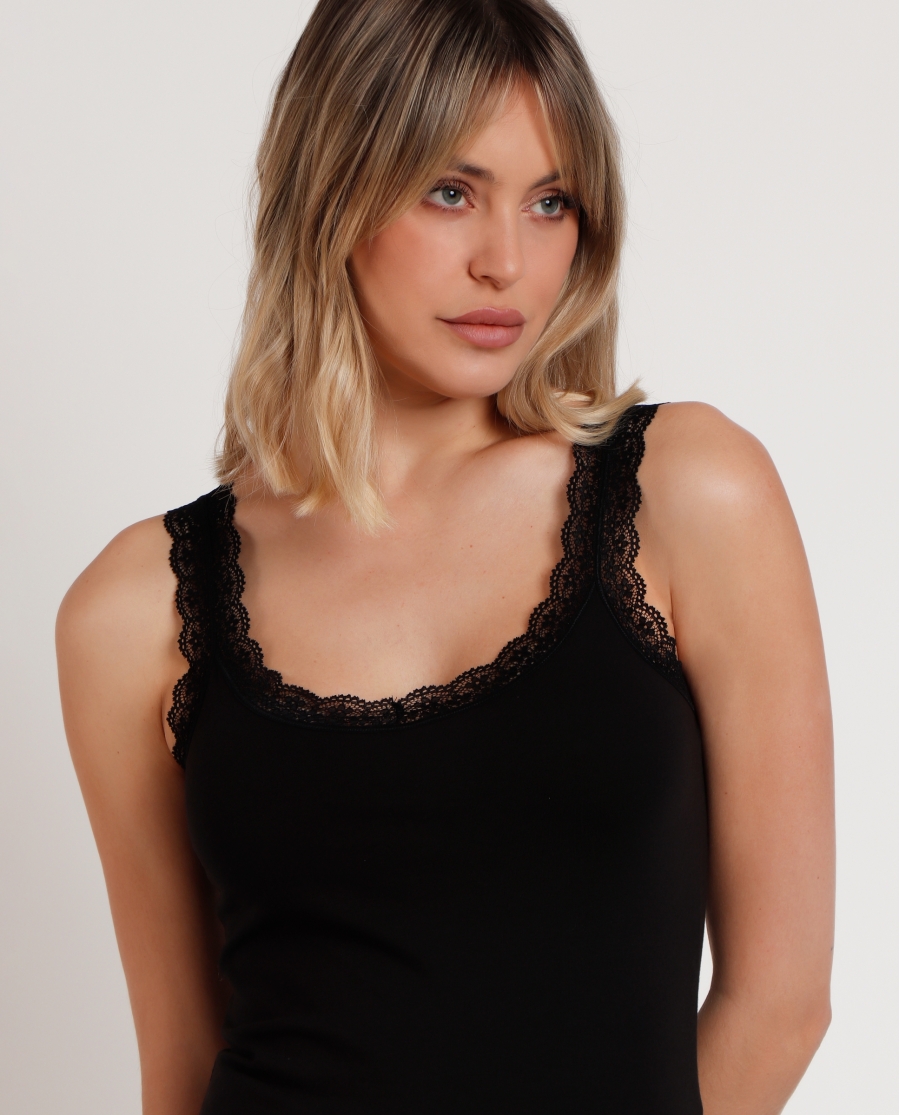 ADMAS Camiseta Tirantes Puntilla Ondas para Mujer NEGRO ADMAS Camiseta Tirantes Puntilla Ondas para Mujer NEGRO