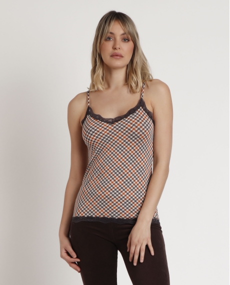 ADMAS Camiseta Tirantes Houndstooth para Mujer CAMEL