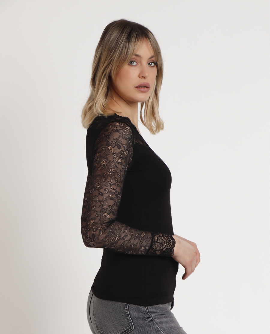 ADMAS Camiseta Manga Larga Puntilla Pico para Mujer NEGRO ADMAS Camiseta Manga Larga Puntilla Pico para Mujer NEGRO