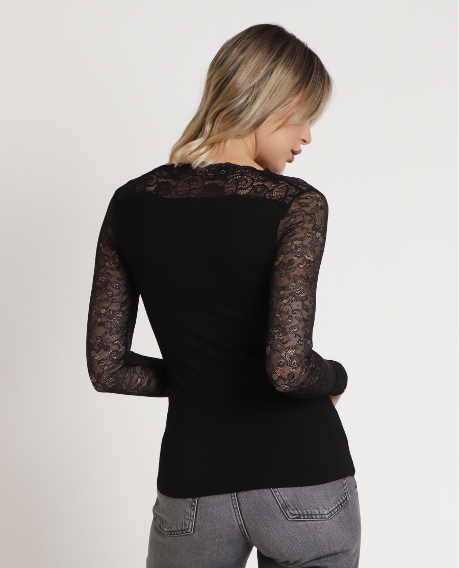 ADMAS Camiseta Manga Larga Puntilla Pico para Mujer NEGRO ADMAS Camiseta Manga Larga Puntilla Pico para Mujer NEGRO