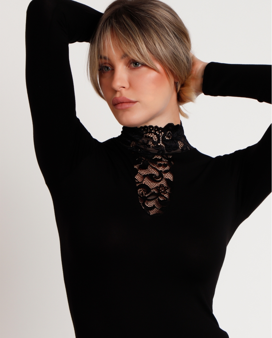 ADMAS Camiseta Manga Larga Puntilla Cuello Alto para Mujer NEGRO ADMAS Camiseta Manga Larga Puntilla Cuello Alto para Mujer NEGRO