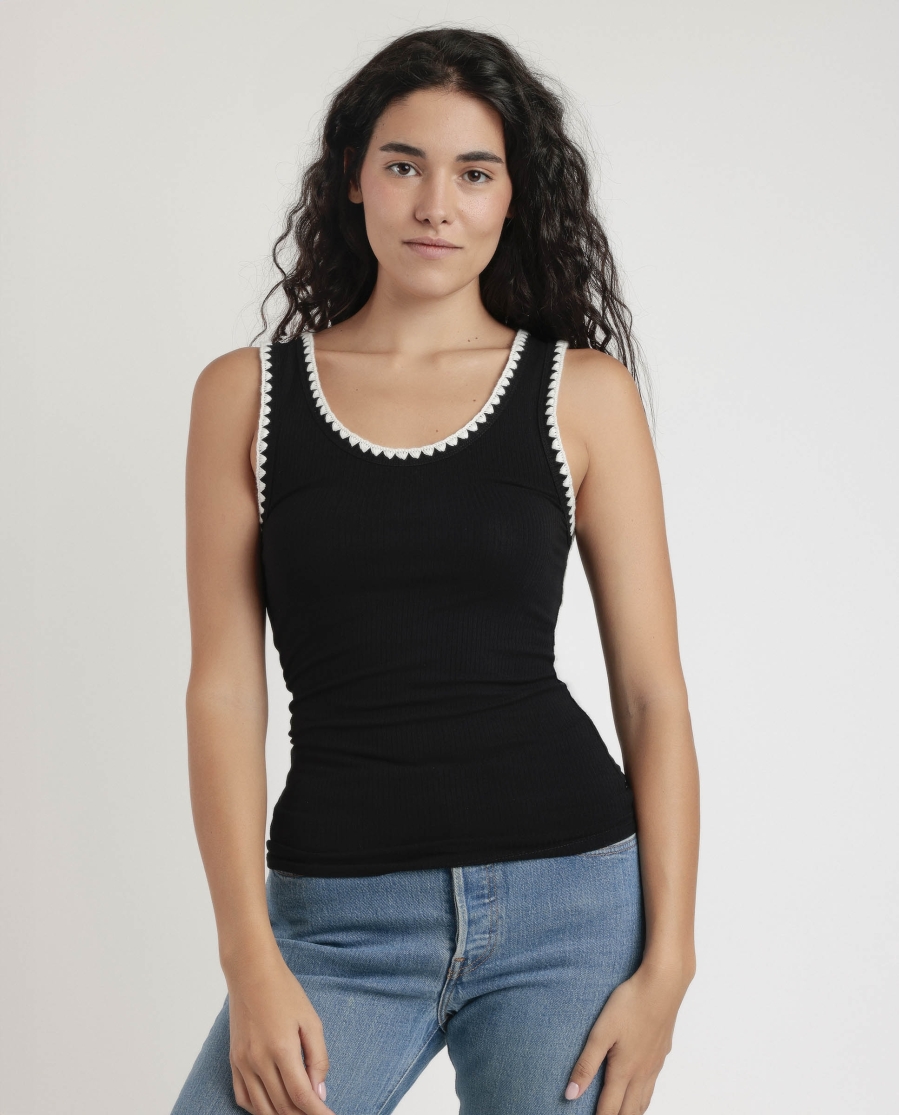 ADMAS Camiseta Sin Mangas Canalé Hilo Contraste para Mujer NEGRO