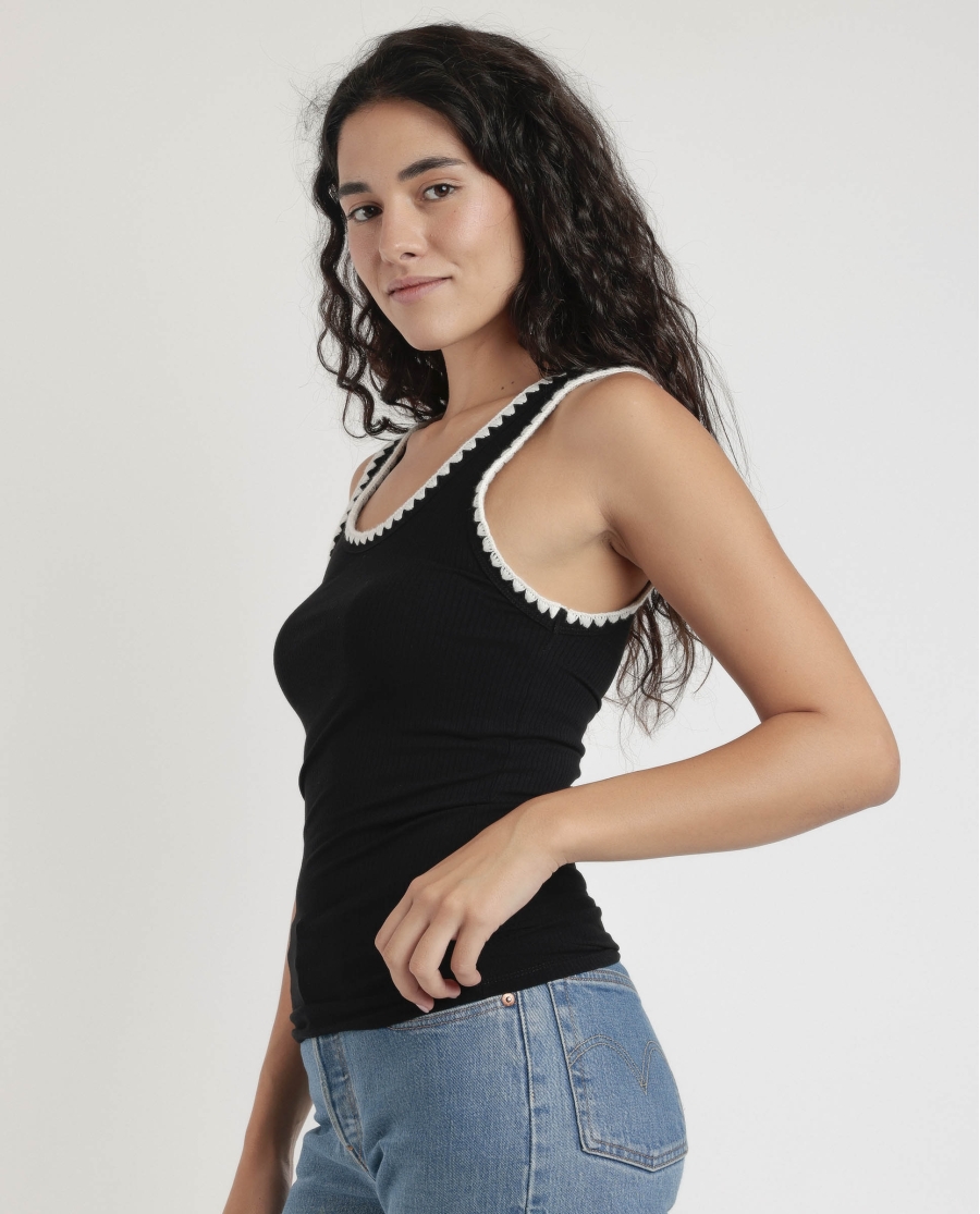 ADMAS Camiseta Sin Mangas Canalé Hilo Contraste para Mujer NEGRO