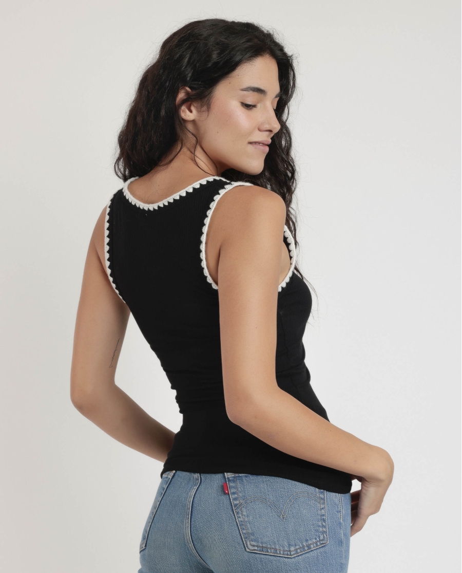 ADMAS Camiseta Sin Mangas Canalé Hilo Contraste para Mujer NEGRO