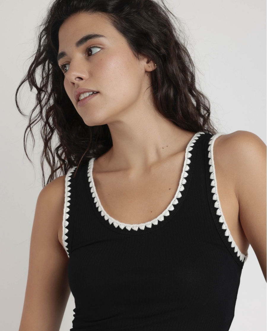 ADMAS Camiseta Sin Mangas Canalé Hilo Contraste para Mujer NEGRO