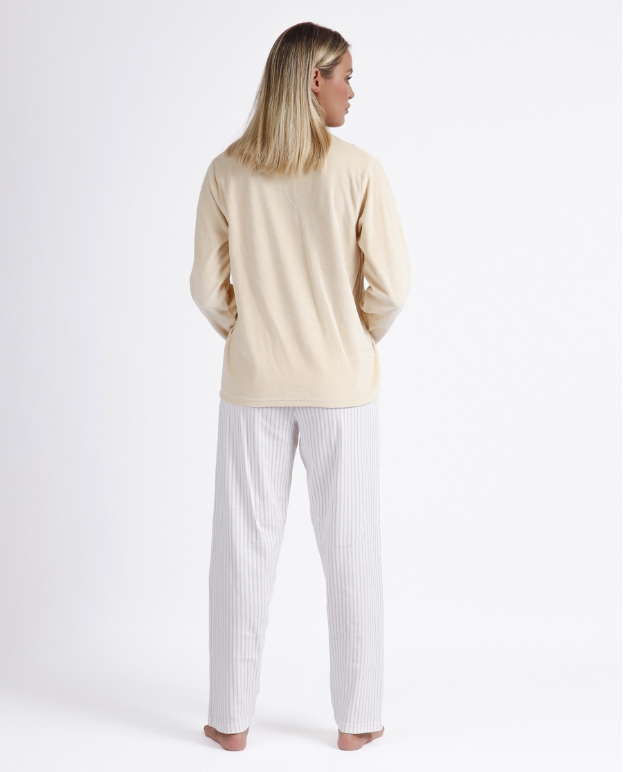 ADMAS Pijama Manga Larga Doble Velvet Soft Pico para Mujer BEIGE