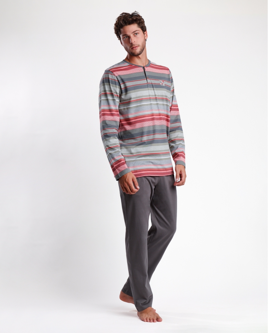 ANTONIO MIRO Pijama Rayas Manga Larga Cubes para Hombre GRIS
