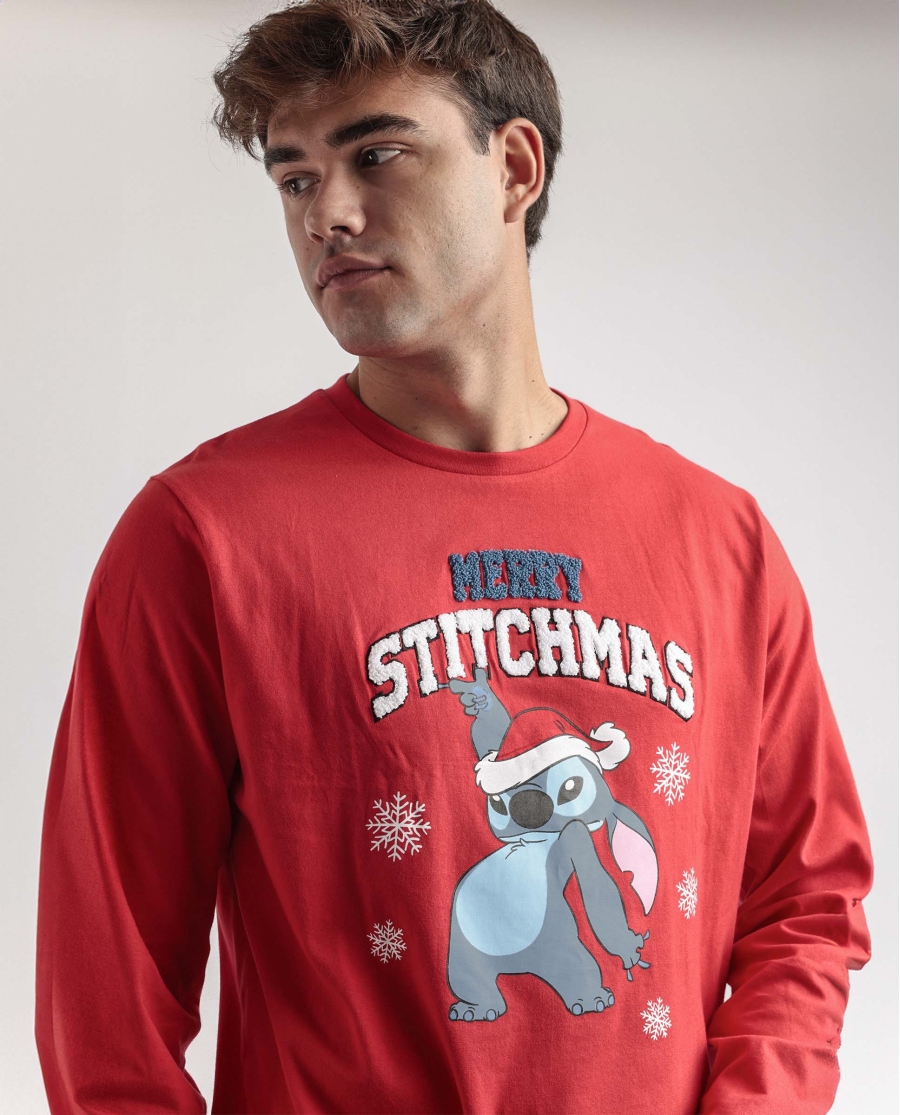 DISNEY Pijama Manga Larga Stitchmas para Hombre ROJO