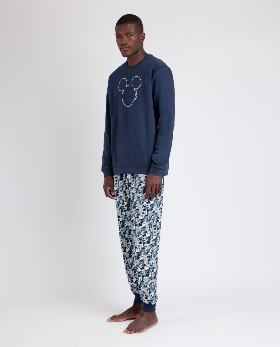 DISNEY Pijama Manga Larga Felpa Mickey Jeans para Hombre MARINO