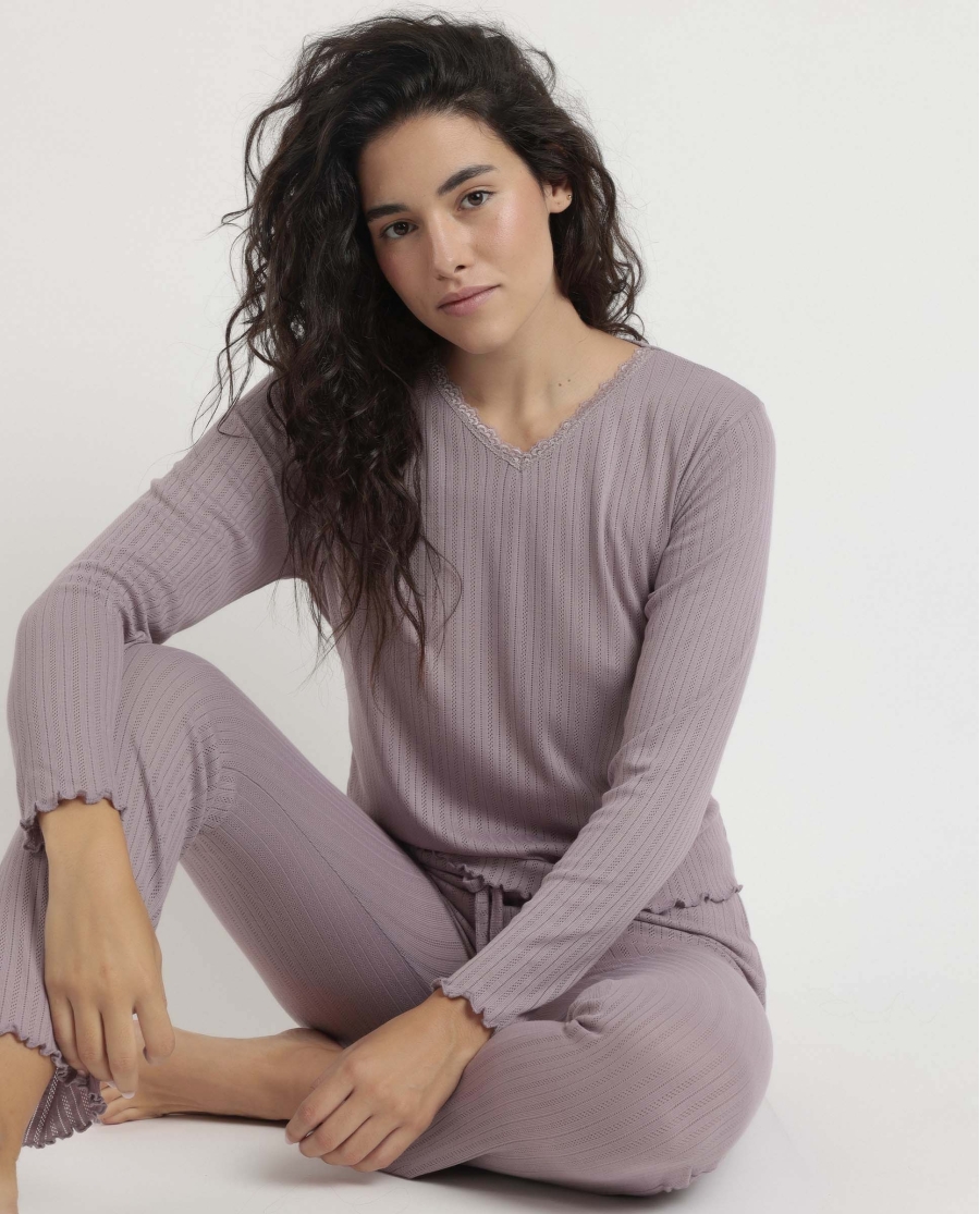 ADMAS Pijama Manga Larga Pico Soft Canalé para Mujer BERENJENA