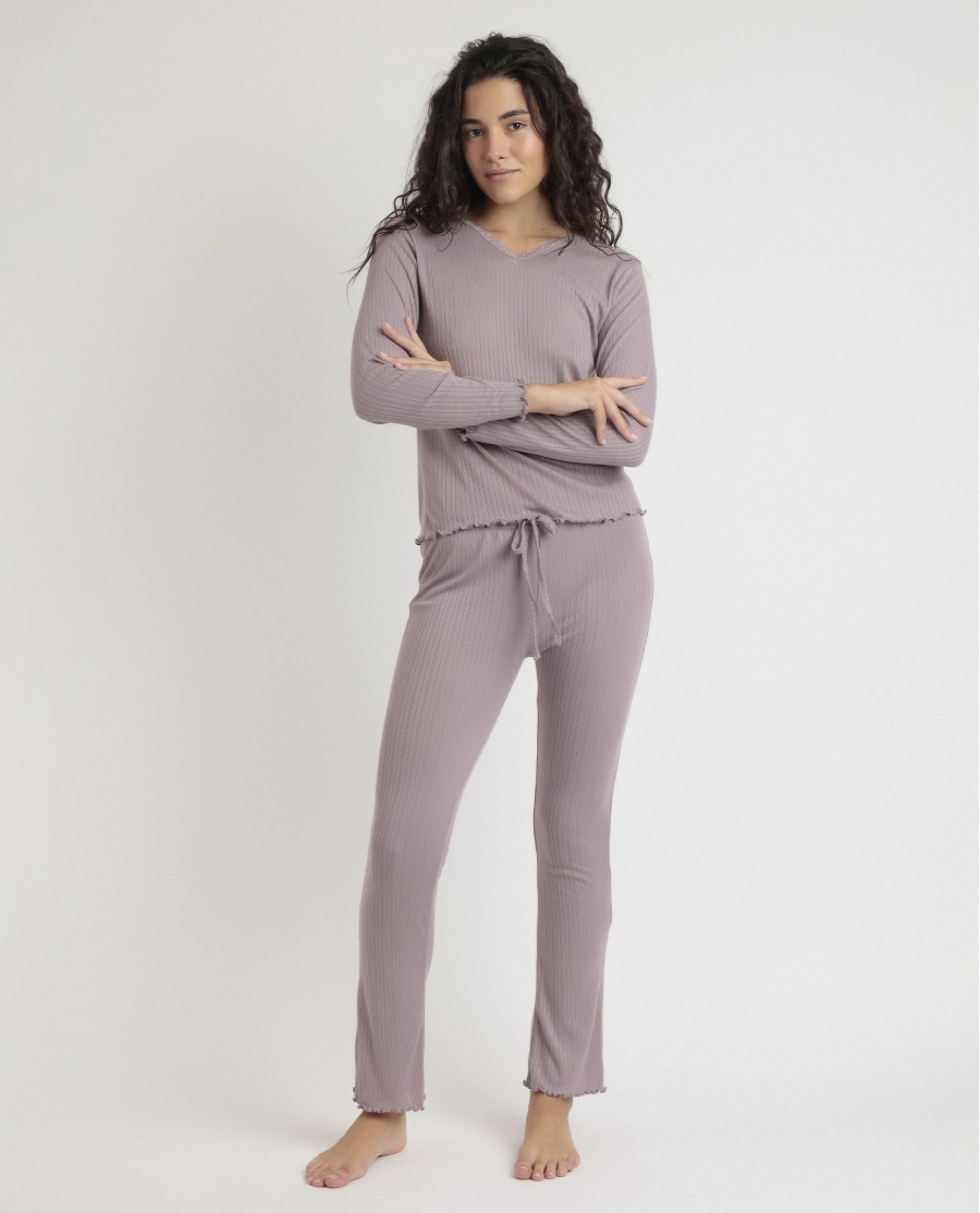 ADMAS Pijama Manga Larga Pico Soft Canalé para Mujer BERENJENA