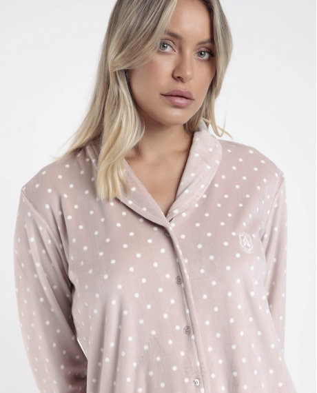 ADMAS CLASSIC Pijama Abierto Manga Larga Velvet Pico Dots Lace para Mujer PIEDRA 2