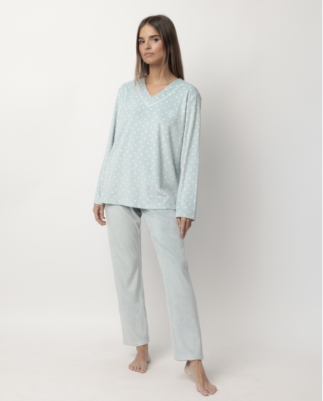 ADMAS CLASSIC Pijama Manga Larga Velvet Pico Dots Lace para Mujer VERDE AGUA