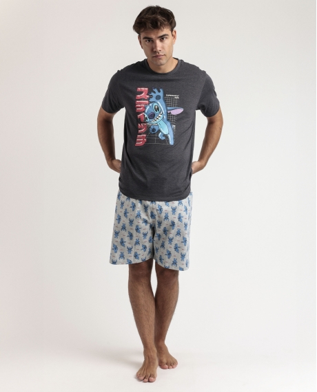 DISNEY Pijama Manga Corta Stitch Anime para Hombre GRIS JASPE